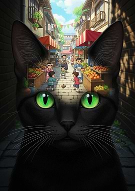 Black Cat and Japanese Street Scene
