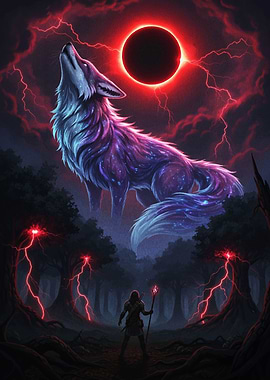Mystical Wolf Howling at Eclipse