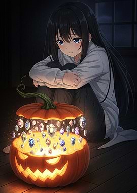 Anime Girl with Halloween Pumpkin