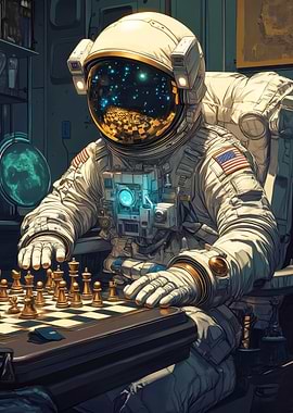 Astronaut playing chess in space station