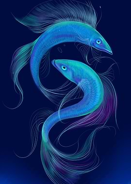 Two blue fish swimming in dark water