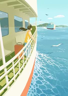Girl on a ferry boat illustration