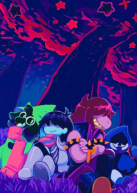 Deltarune characters resting in a forest