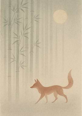 Fox in Bamboo Forest Under Moonlight