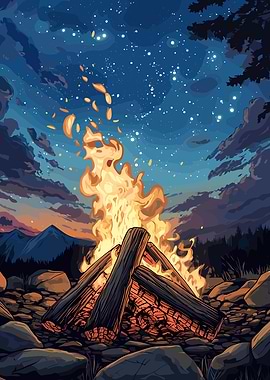 Campfire under starry night sky