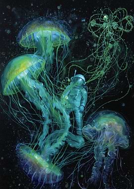 Astronaut and Jellyfish in Space Painting