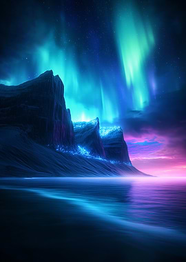 A glowing alien city on cliffs with an aurora sky