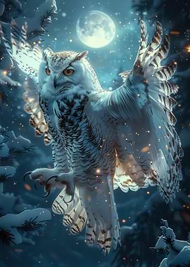 Majestic Snow Owl in Winter Night