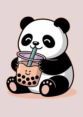 Cute Panda Drinking Bubble Tea Cartoon