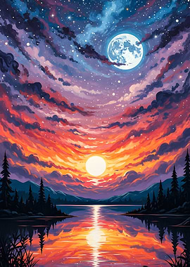 Sunset and Moon over Lake Painting