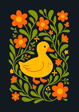 Duck with Floral Ornament on Dark Background