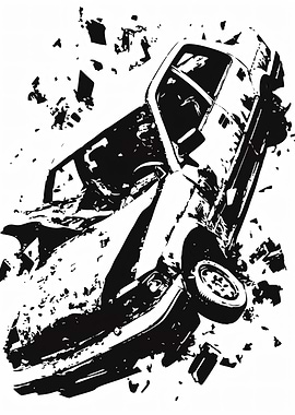 Car Crash Black and White Illustration