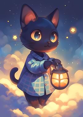 Cute Cat with Lantern in the Sky