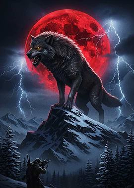 Wolf on Mountain with Red Moon