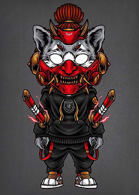 Cyberpunk Cat Samurai Illustration