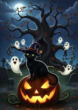 Halloween Cat on Pumpkin with Ghosts