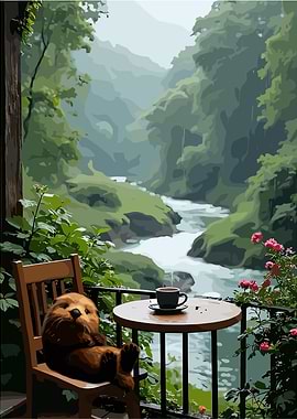Otter Relaxing with Coffee on Balcony