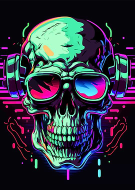 Neon Skull with Headphones and Sunglasses