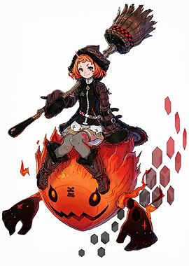 Young Witch Riding Fire Monster