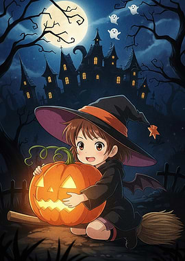Cute Witch with Pumpkin Halloween Night