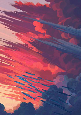 Surreal Sky with Fish and Figure