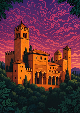 Alhambra Palace with Swirling Skies