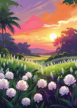 Floral Meadow at Sunset