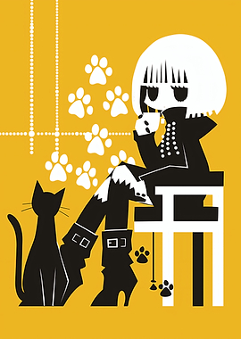 Stylized Girl with Cat and Pawprints