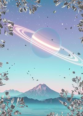 Surreal Planetscape with Mountain and Foliage