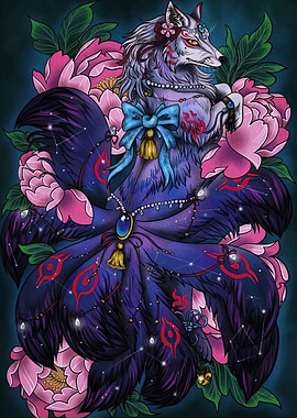 Nine-tailed Fox with Peonies