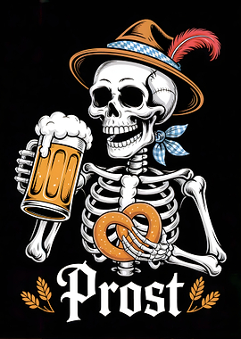 Oktoberfest Skeleton with Beer and Pretzel
