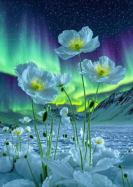 White Flowers Under Aurora Borealis