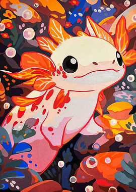 Axolotl in Colorful Underwater Scene Painting