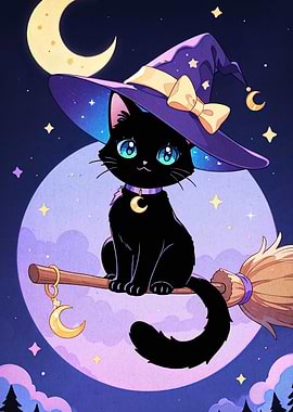Cute Witch Cat on Broomstick