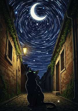 Black Cat Gazing at Starry Night
