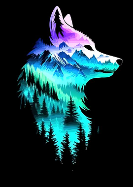 Wolf Silhouette with Mountain Landscape