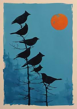Birds on a Tree with Orange Sun