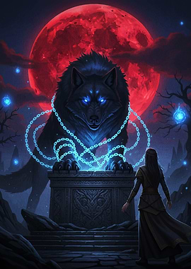 Chained Wolf and Woman Under Red Moon