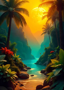 Tropical River Landscape with Palm Trees