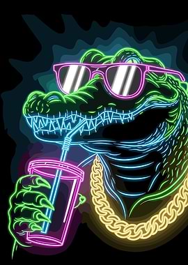 Neon Alligator with Drink and Sunglasses
