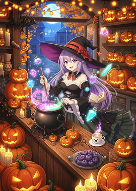 Anime Witch Brewing Potion with Pumpkins