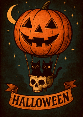 Halloween Pumpkin Balloon with Black Cats