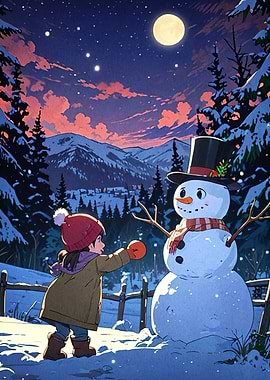 Girl Snowman Winter Landscape
