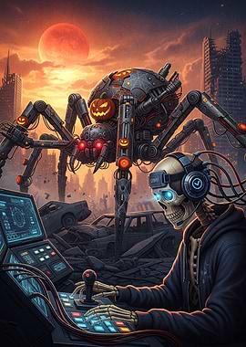 Cyberpunk Halloween: Skeleton and Robotic Spider