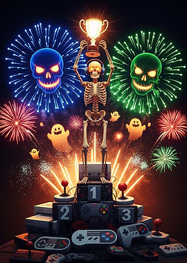 Gaming Victory Celebration with Skeleton and Fireworks