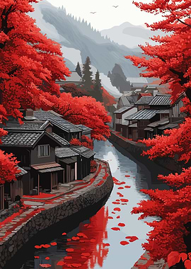 Autumn in Japan: Red Leaves and River