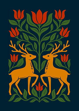 Symmetrical Deer and Floral Pattern