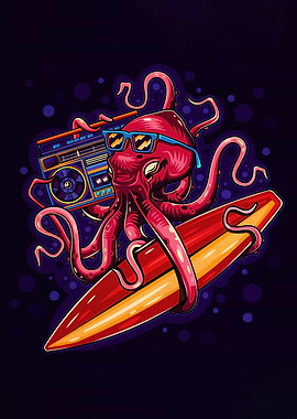 Surfing Octopus with Boombox Illustration