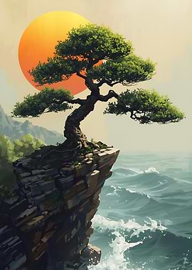 Bonsai Tree on Cliffside with Ocean View