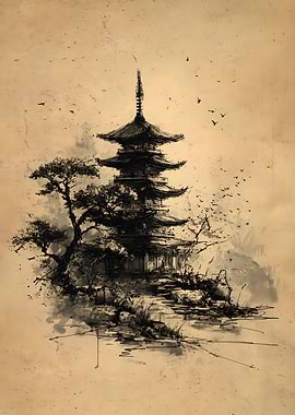 Japanese Pagoda Ink Sketch